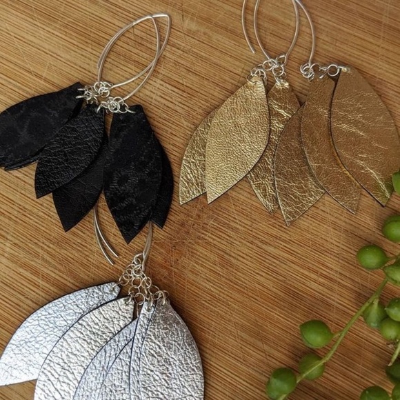 𝅺GOLD Leather Leaf Earrings - Picture 7 of 7